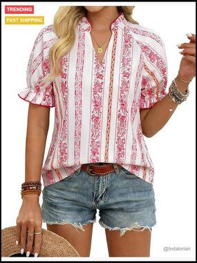 Cotton Floral Print Blouse Short Sleeve V Neck Boho Top